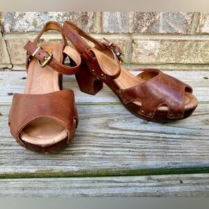 Women’s Brown Leather Peep-Toe Ankle Strap Wood Sandals